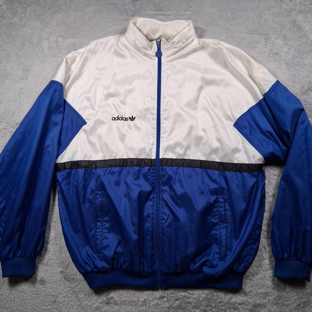 VINTAGE Adidas Windbreaker Jacket Mens Large Blue White Colorblock Full Zip 80s